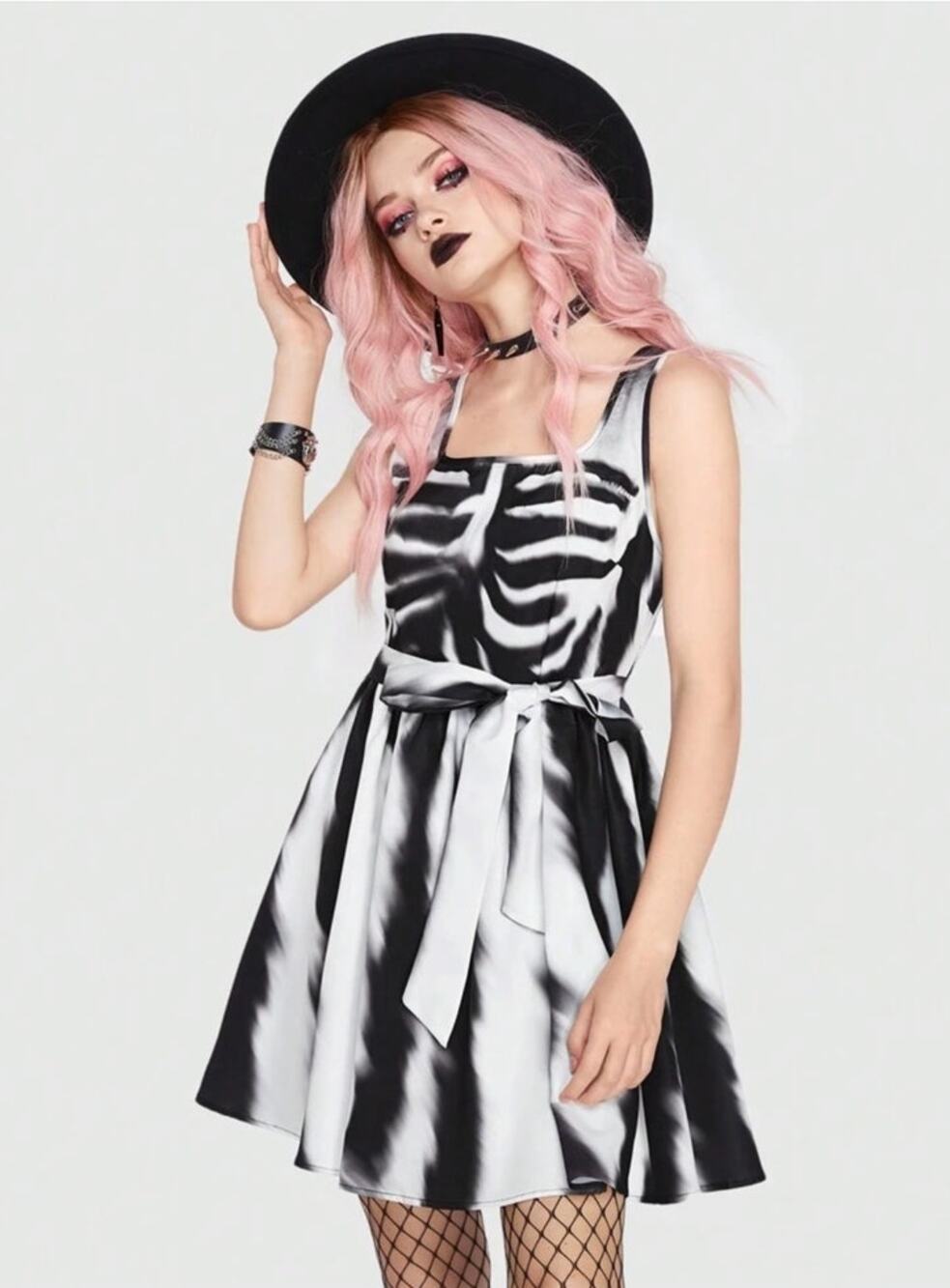 Romwe Skeleton Print Tie‑belt Dress